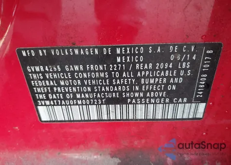 2015 Volkswagen Golf Gti 2.0T Se 4-Door из США, поврежденный, VIN 3VW4T7AU0FM007231